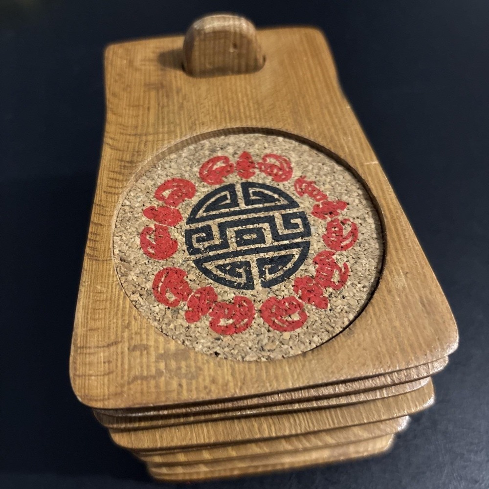 Bamboo And Cork Asian Inspired Coasters, Set Of 8 With Holder